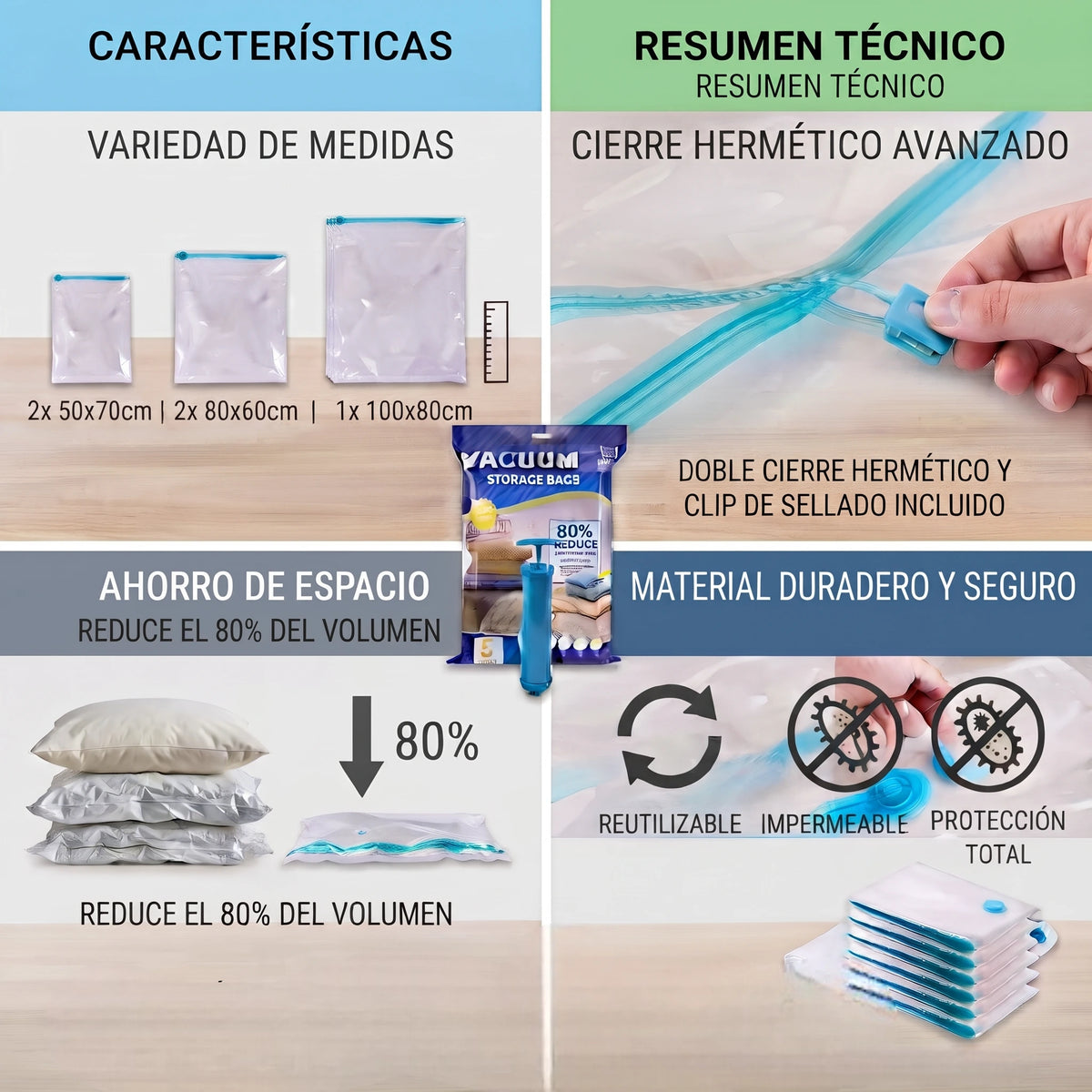 Bolsas al Vacío + Bomba para Ropa y Alimentos | 5 Bolsas Reutilizables🏠✨