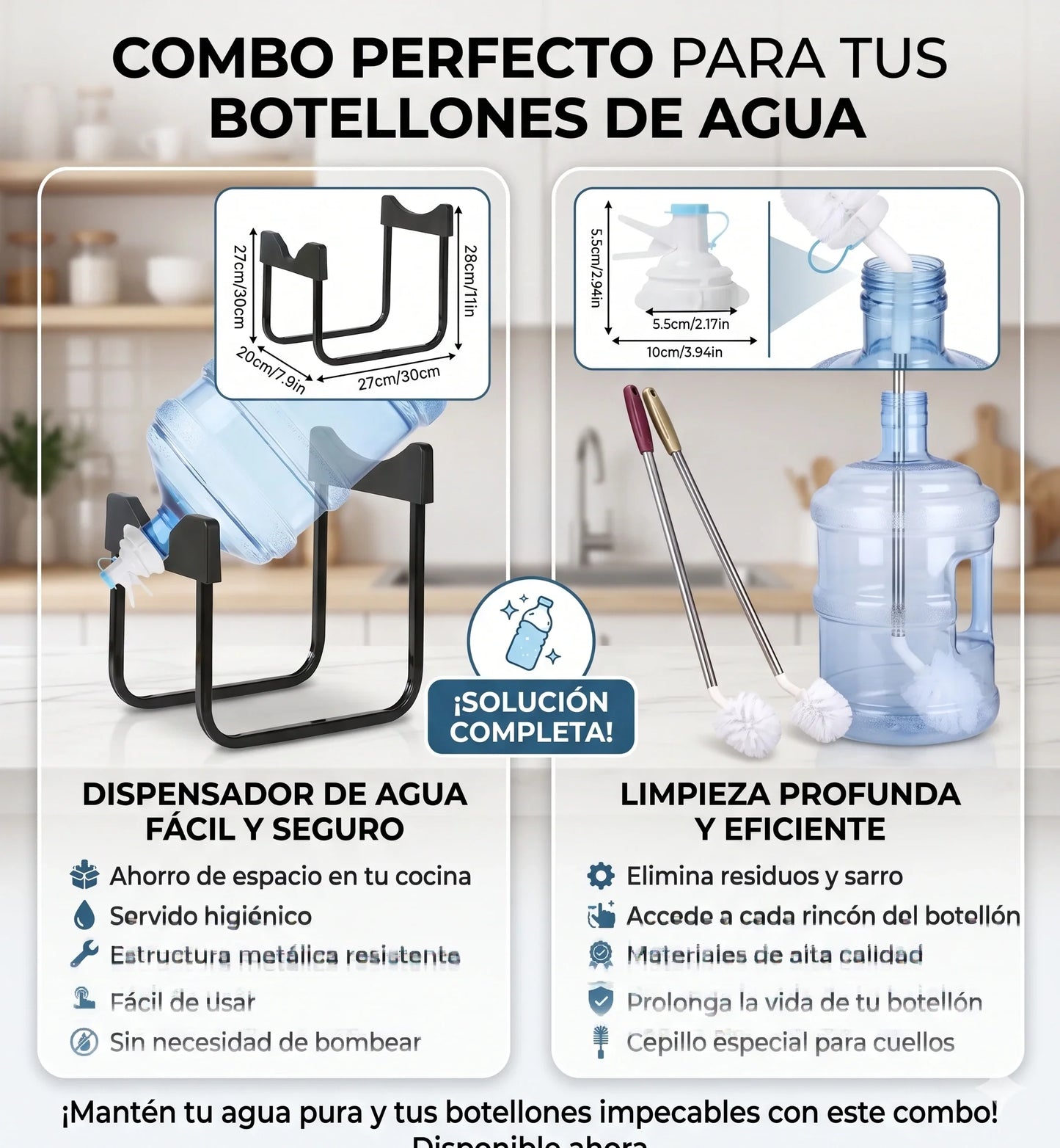 Combo Soporte y Dispensador de Agua + Cepillo Limpiador