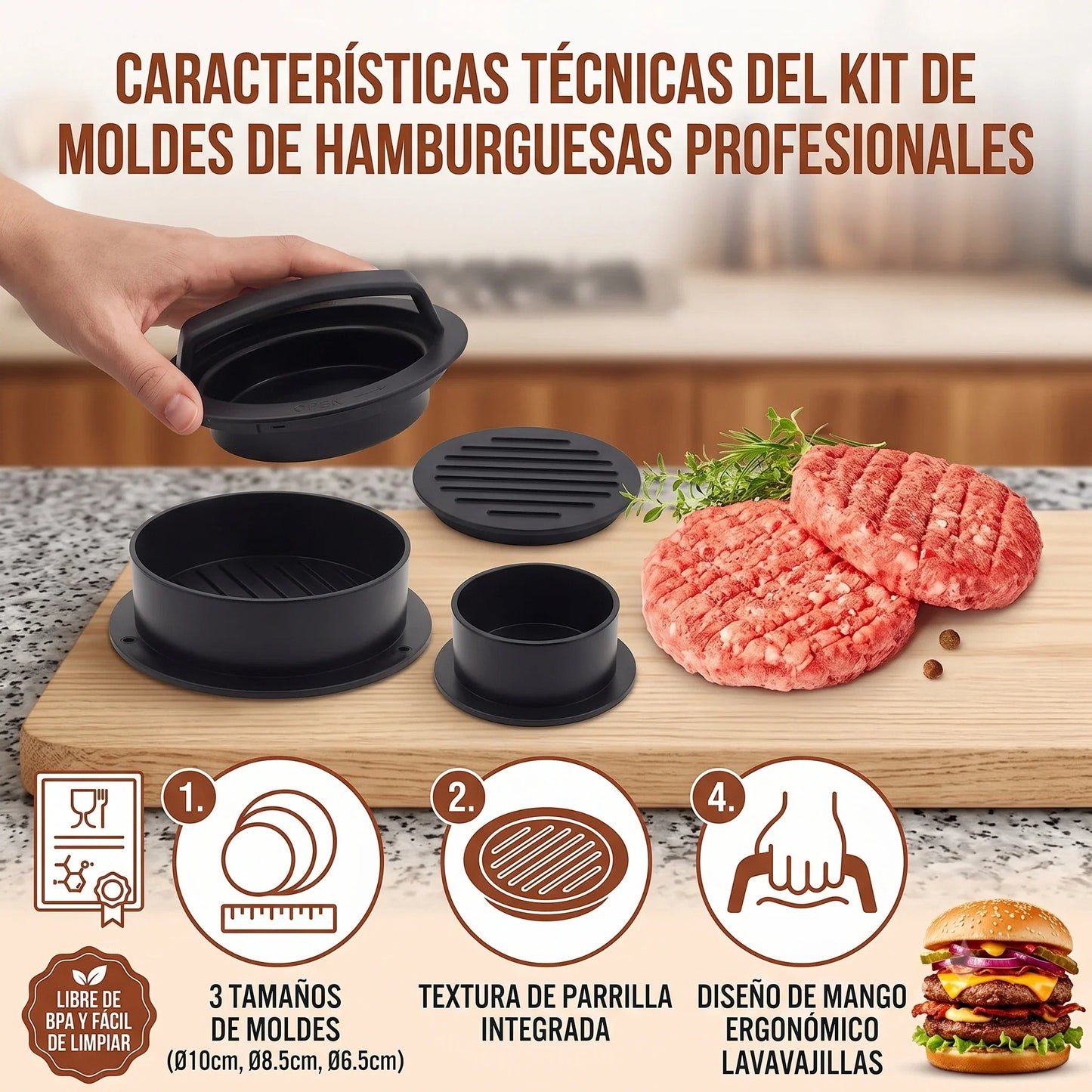Molde Formador de Carne de Hamburguesa 3 en 1👩‍🍳🍔