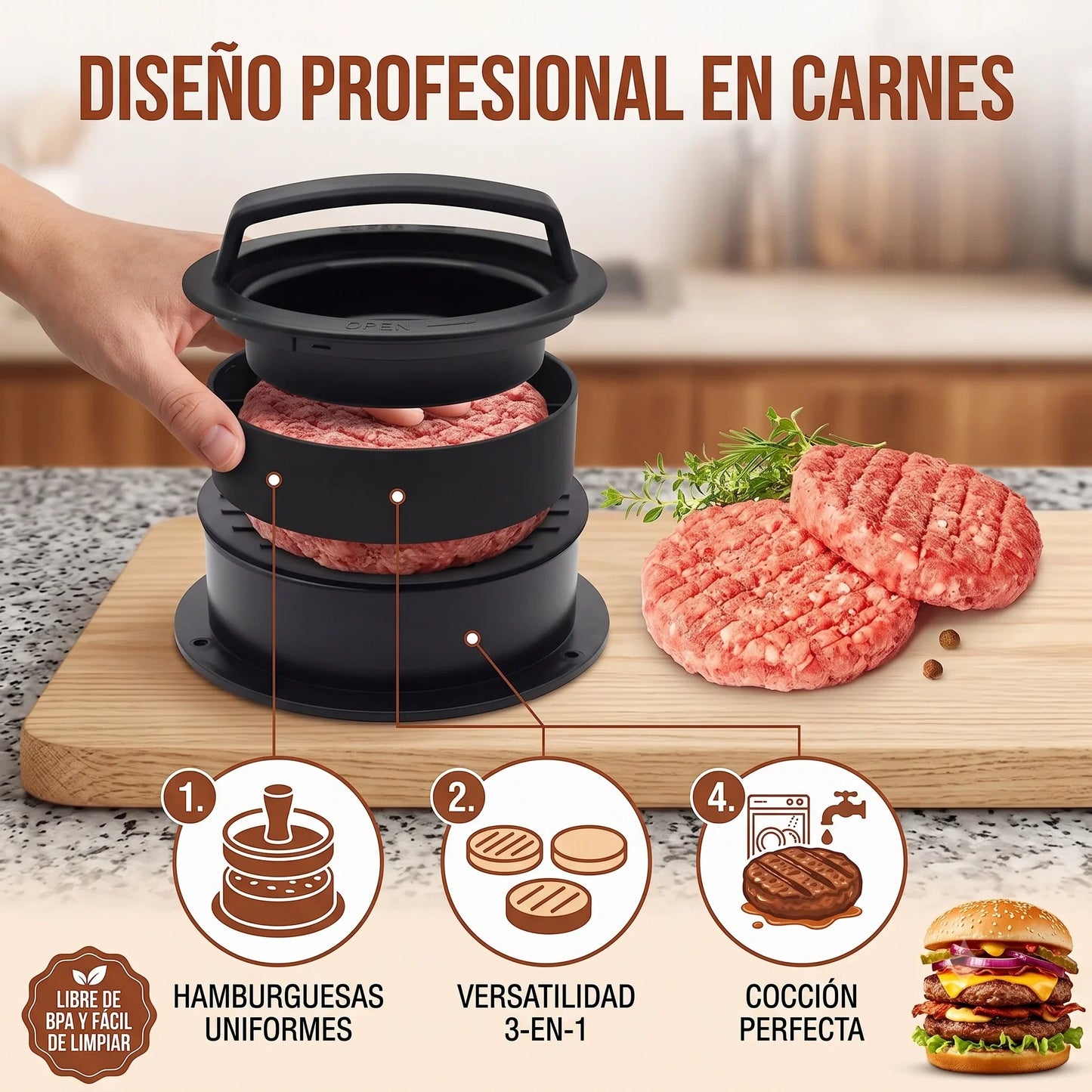 Molde Formador de Carne de Hamburguesa 3 en 1👩‍🍳🍔