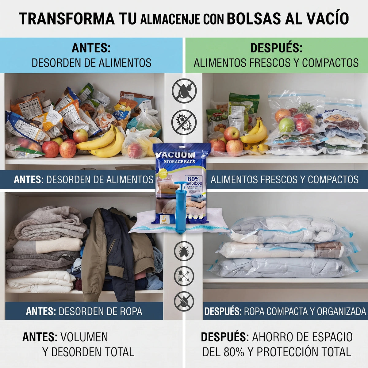 Bolsas al Vacío + Bomba para Ropa y Alimentos | 5 Bolsas Reutilizables🏠✨