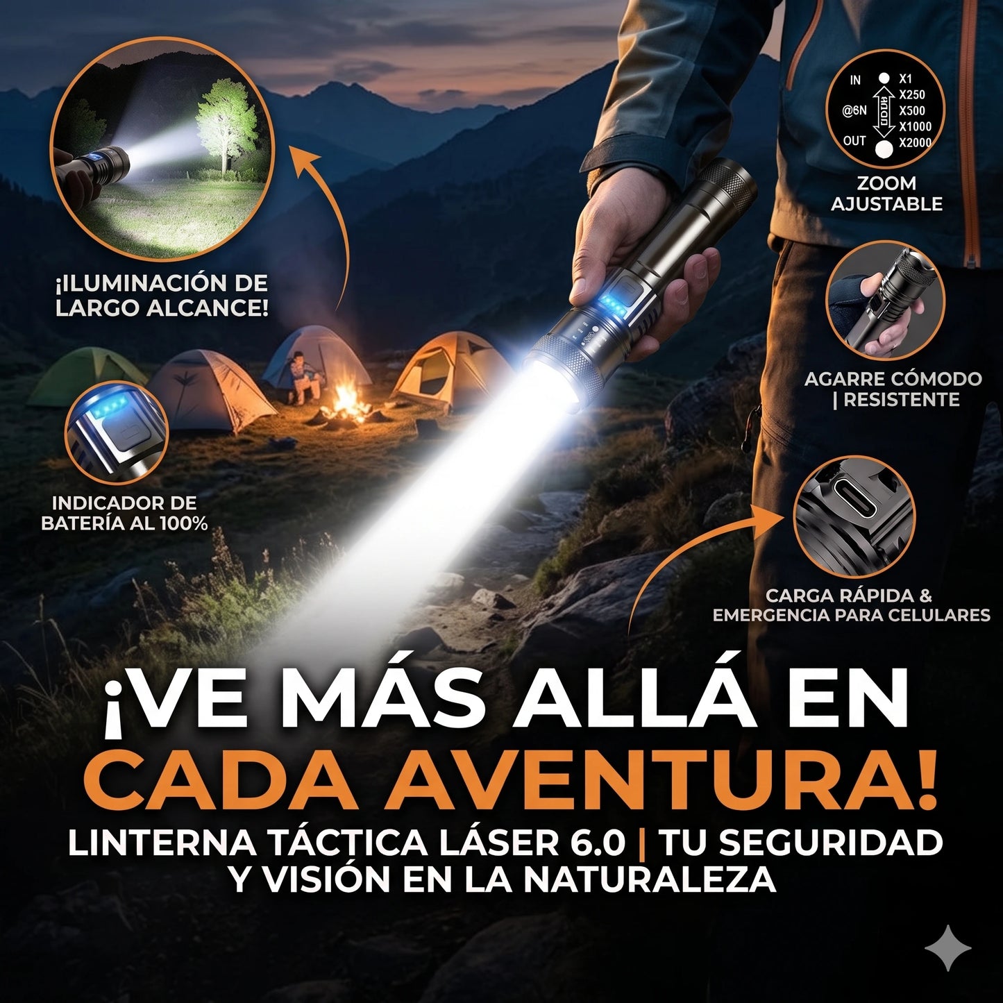 Linterna Táctica militar con cargador incluido para teléfono🔥🔋