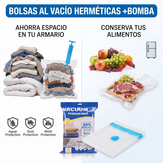 Bolsas al Vacío + Bomba para Ropa y Alimentos | 5 Bolsas Reutilizables🏠✨