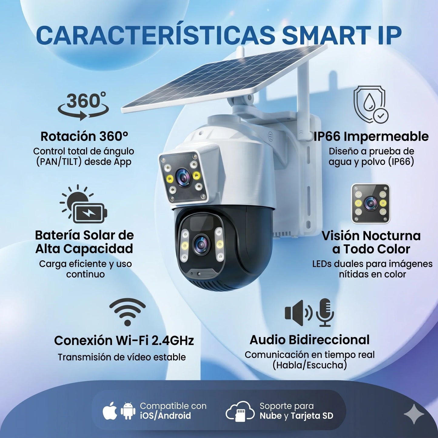 Cámara Wi-Fi Inalámbrica con Panel Solar Rotación 360° 1920p HD