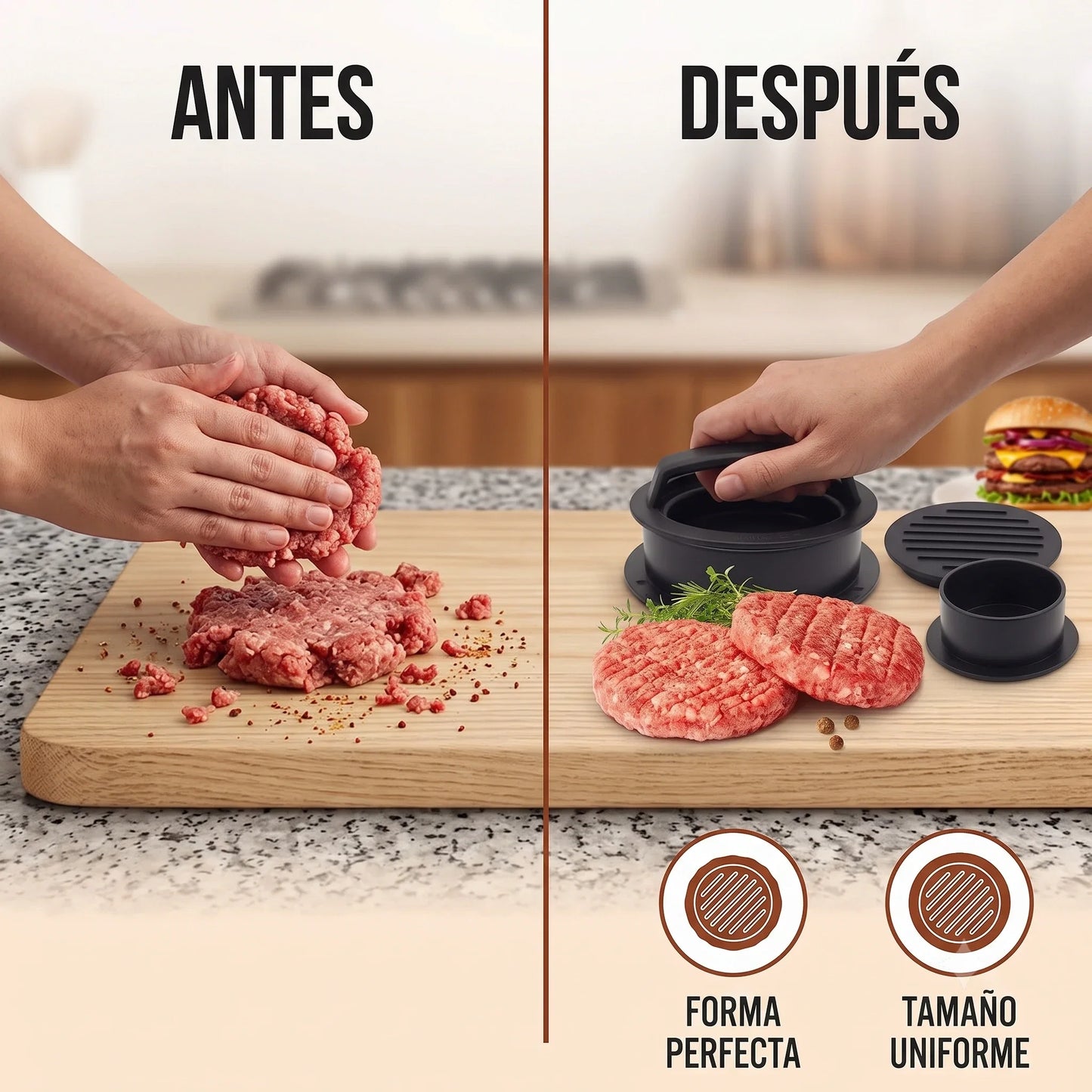 Molde Formador de Carne de Hamburguesa 3 en 1👩‍🍳🍔