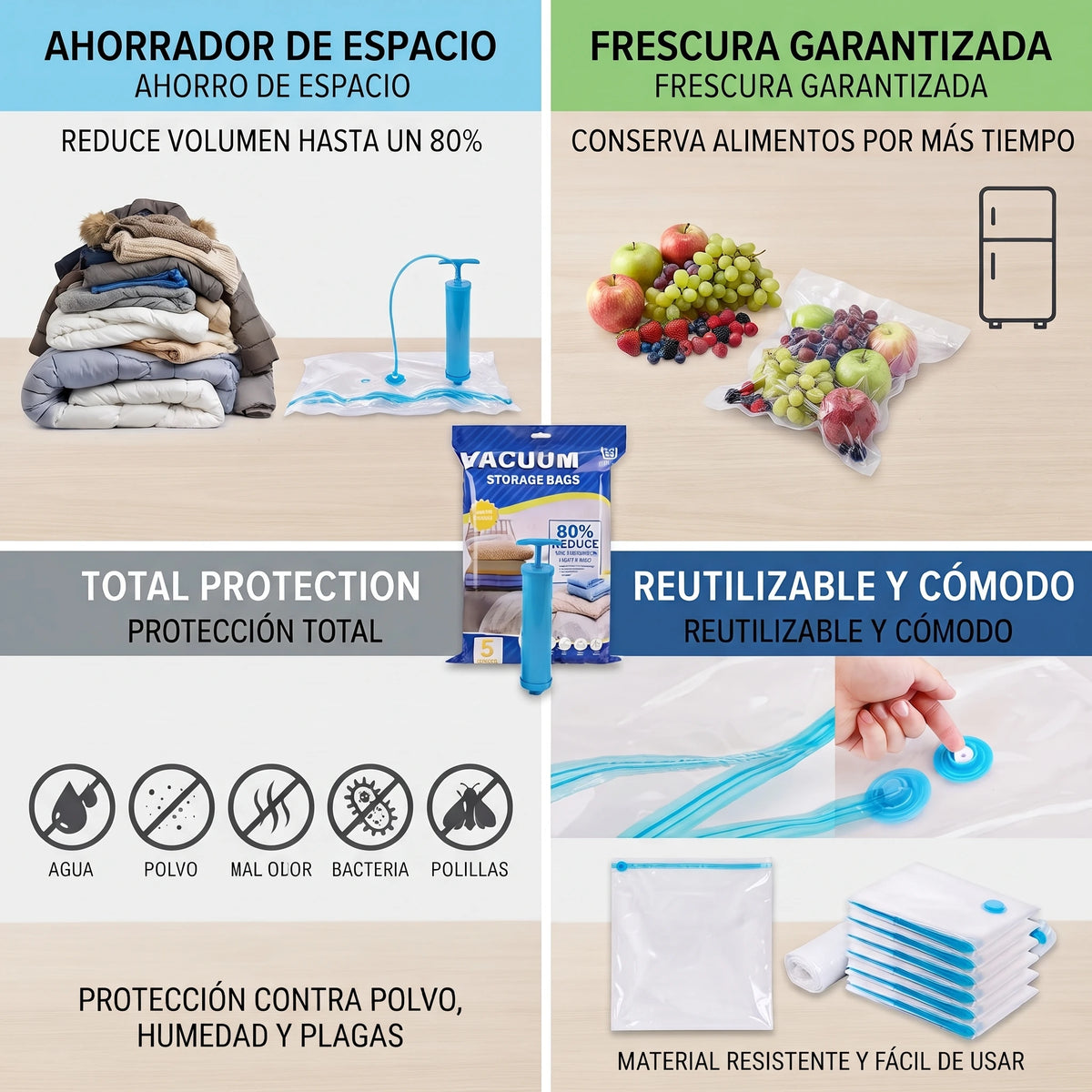 Bolsas al Vacío + Bomba para Ropa y Alimentos | 5 Bolsas Reutilizables🏠✨