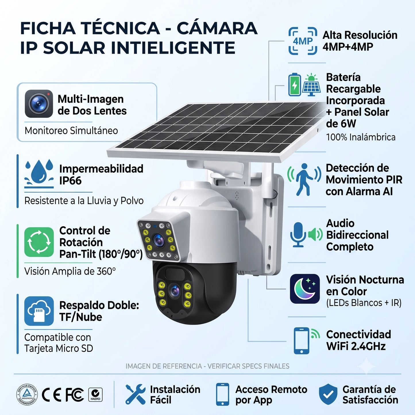 Cámara Wi-Fi Inalámbrica con Panel Solar Rotación 360° 1920p HD