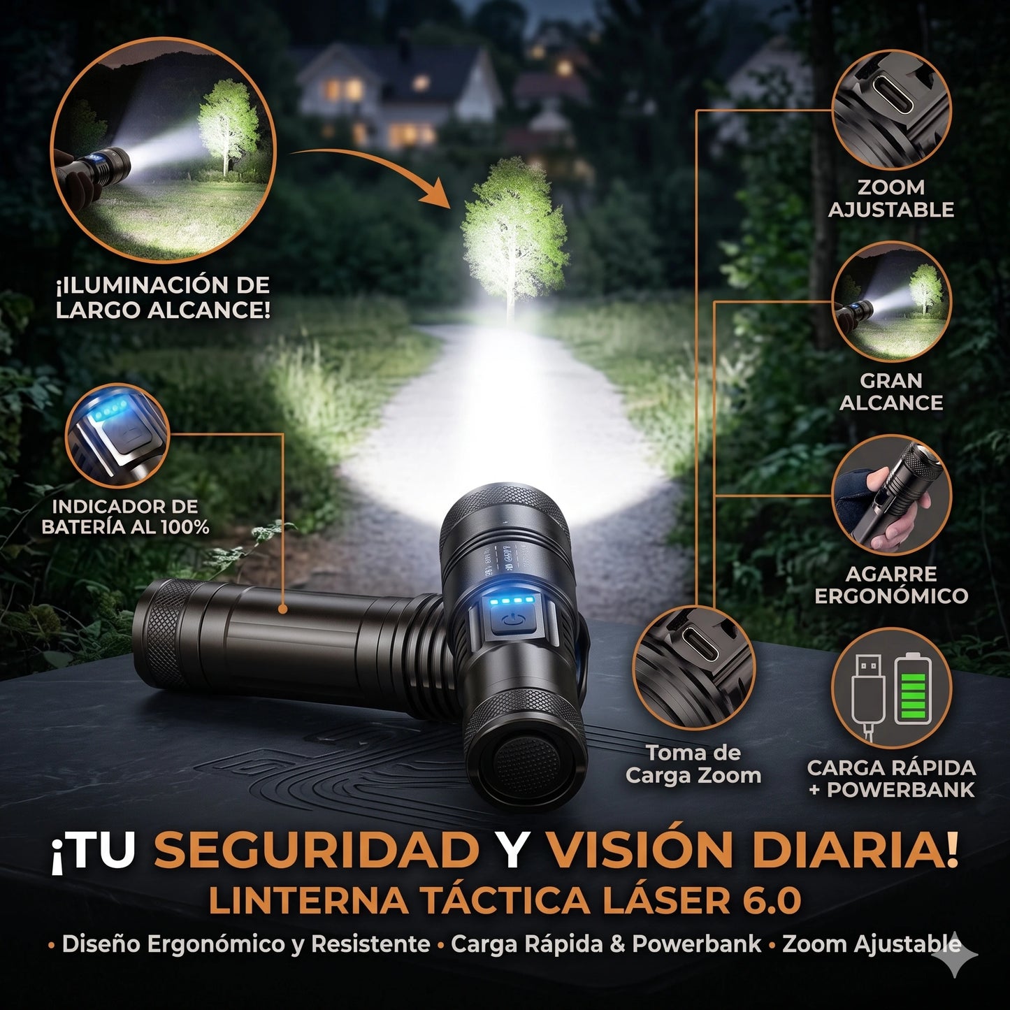 Linterna Táctica militar con cargador incluido para teléfono🔥🔋