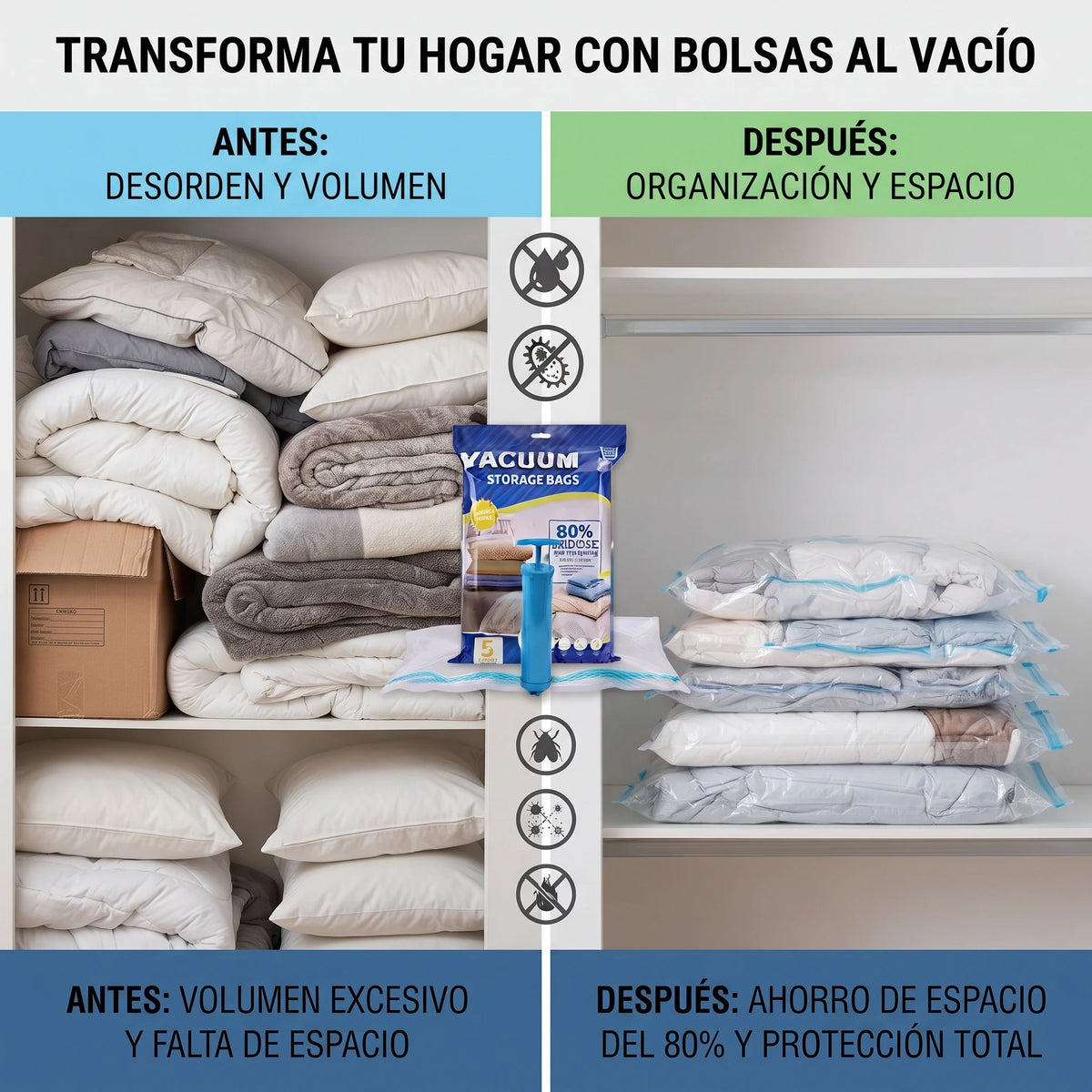 Bolsas al Vacío + Bomba para Ropa y Alimentos | 5 Bolsas Reutilizables🏠✨