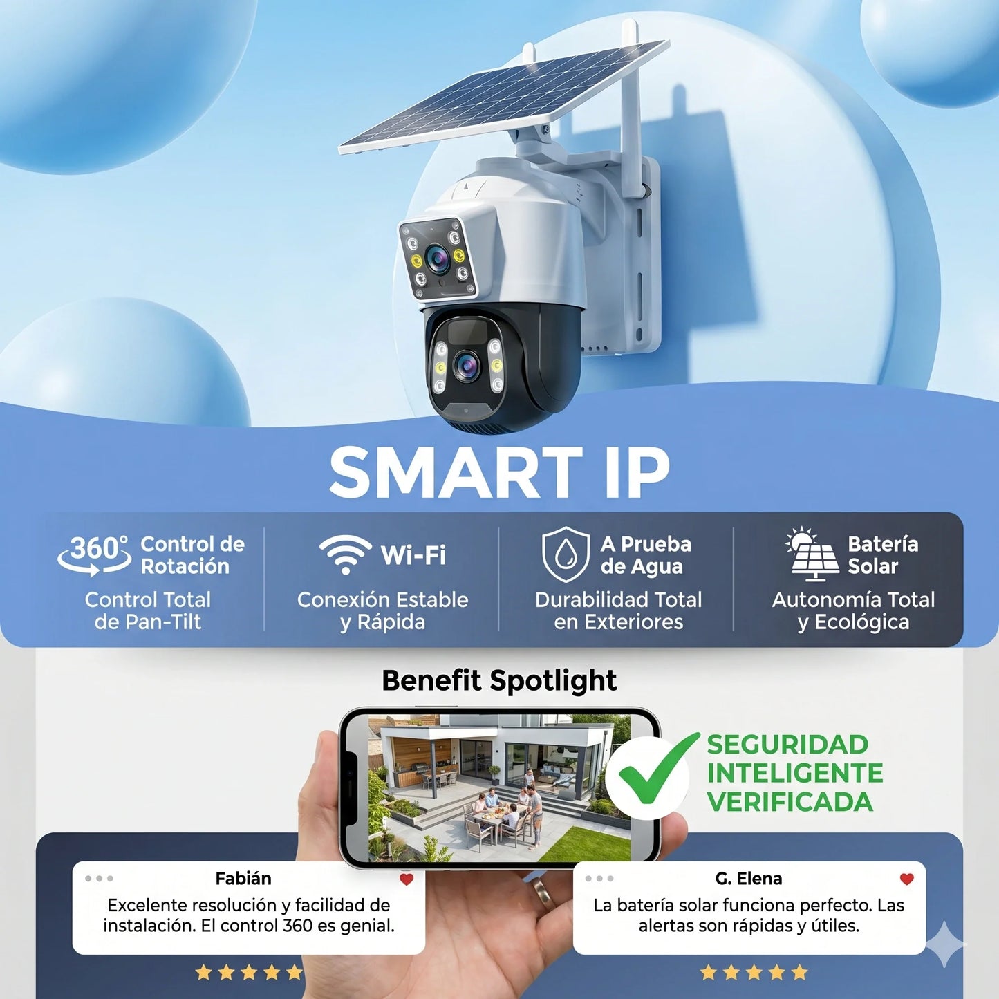 Cámara Wi-Fi Inalámbrica con Panel Solar Rotación 360° 1920p HD